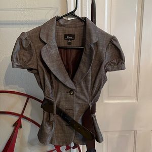 B.Wear collared shirt sleeve blazer top with belt and button detail